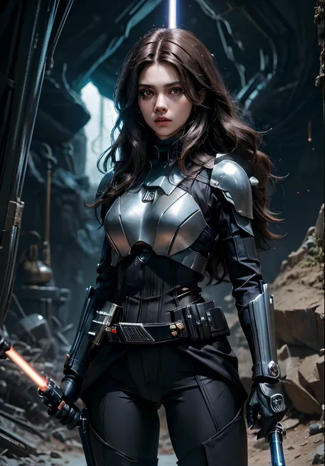 A close-up image of the upper body.A beautiful woman with a lightsaber stands in a spacious cave. Dark brown hair. long hair.She wears a black metallic battle uniform. There is something on the waist that reminds me of Kamen Riders transformation belt. 8K ...