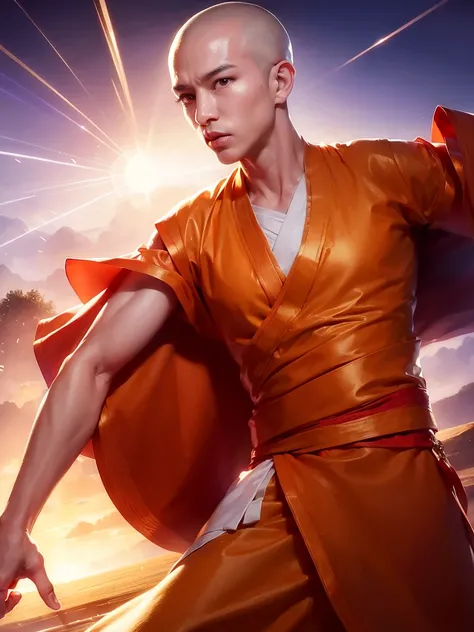 Handsome Shaolin monk、(((1 juvenile，bald-headed，buddhist monk，full bodyesbian，tear-mole:)))full bodyesbian，Sharp eyes，Clear facial features，Angular，dressed white hanfu，Chinese Kung Fu，Powerful dynamic posture，The body is surrounded by purple mist，Runes sur...