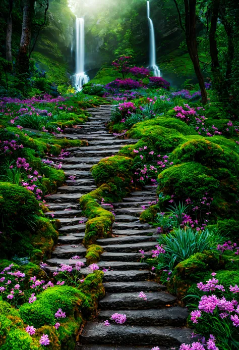 Photo taken from a distance on the path leading to the waterfall, blossoming path to heaven, Beautiful and mysterious, Beautiful fece, Beautiful images ever created, magical landscape, Glowing swirling mist, Truly beautiful nature, magical colors and atmos...