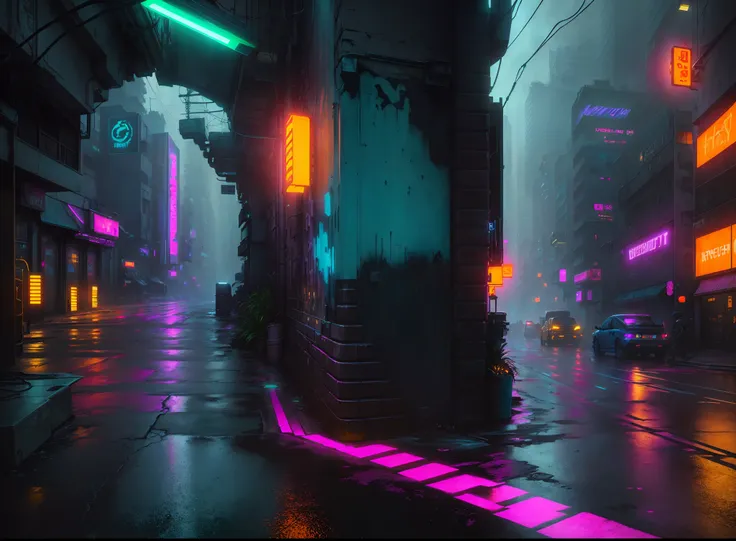 There is a photo of a city street, On which cars pass, City + Graffiti background, The left side of the image is in shadow, gloom, Gothic atmosphere, The lanterns are on, Linear Lighting, Cinematic neon matte painting, Urban concept art, hyper realistic cy...