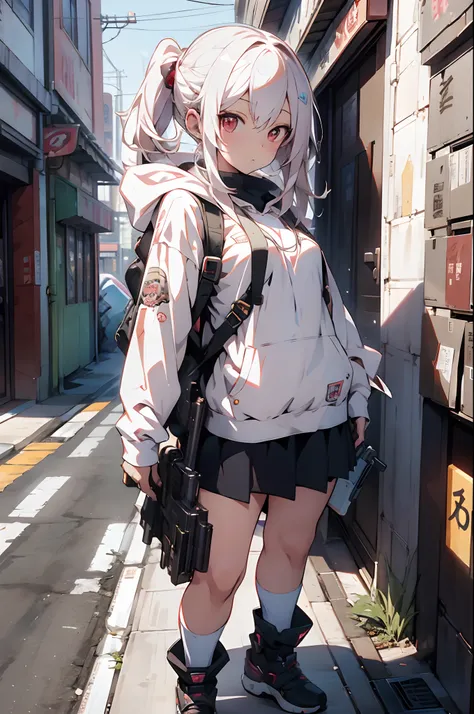 anime girl with a gun and a backpack standing in front of a wall of newspapers, long white haair, emo, Trendy Girl, wearing a cool jacket, cap, red brake wall with newspaper background, anime style 4 k, artwork in the style of guweiz, best anime 4k konacha...