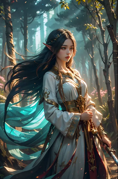 (best quality,high resolution:1.2),long-haired fairy holding a sword,ethereal beauty,detailed flowing hair,elegant pose,sword-wielding lady,magical forest,soft and natural lighting,vibrant colors,impressionist style,airy and atmospheric,sparkling magical e...