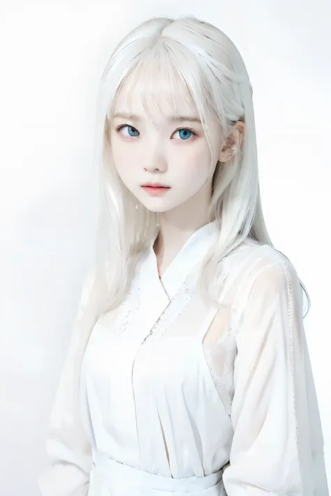 (((white background:1.3)))、best quality, masuter piece, high resolution, albino girl、beautiful white hair:1.5、(((1girl in))), si...