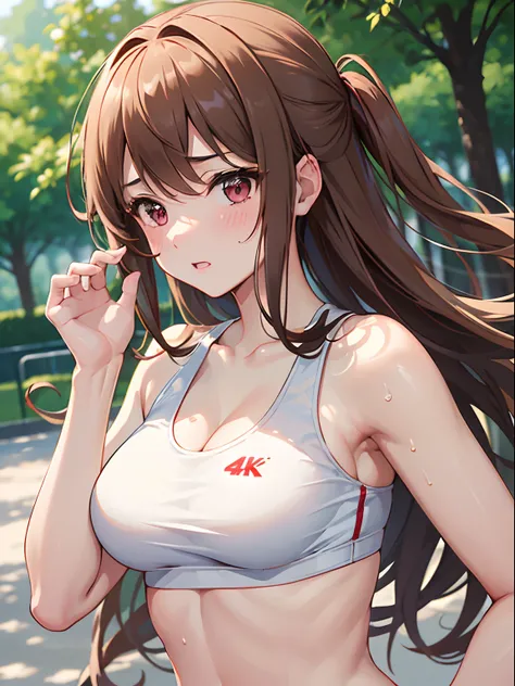 ((4K, ​master piece, Best Quality)), 1girl in, Light brown SHRT hair, Red Eyes, center parted hair, medium breasts⁩, Cute, blush, running, white sports bra, morning, park, sweat