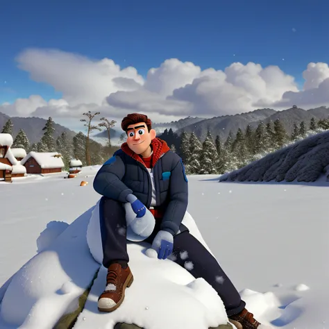 Homem ao estilo pixar disney sentado numa pedra na neve, melhor qualidade