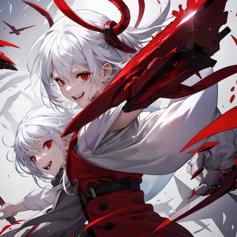 girl with,white  hair,Bloods,amputated,Maniacal,red eyes,Knives,Teen