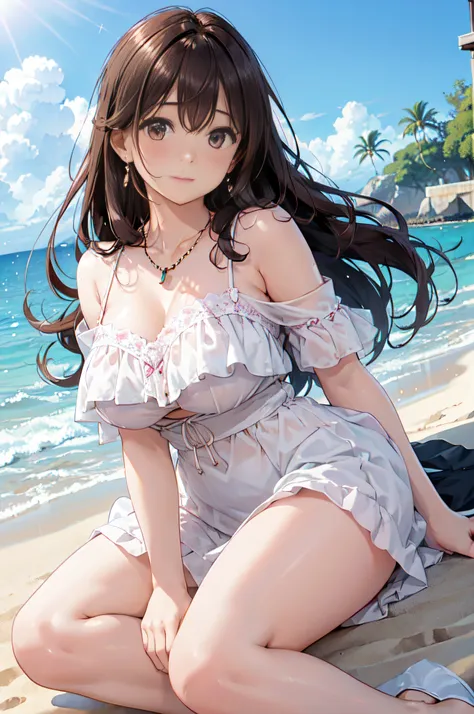 (High quality, High resolution, Fine details, Realistic), Long Wave Hair、dark brown hair、Earring、Modest necklace、Off-the-shoulder white shirt,pleatedskirt, crystal clear skies, Strong sunshine, Solo, Adult Woman, Sparkling eyes, Shy laughter,Kamimei、 blush...