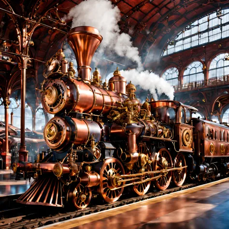 steampunk, Steam-powered copper and brass locomotive sitting in a brightly lit train station.