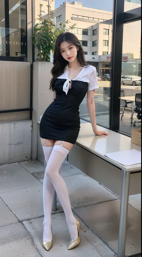 best qualtiy, Full body like，Refined face，A pair of smart eyes，pretty  face，25 years old woman，slimfigure，Larger bust，office lady uniform，Office wear，white stockings，Outdoor scene，Sit Pose，yellow long hair