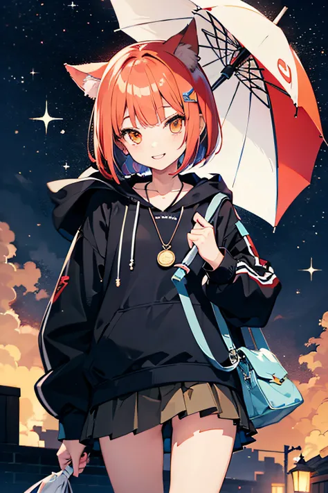 scarlet colored hair、cat ear、Orange eyes、Eyes topaz color、hair pin、bob、The shirt、parka、a short skirt、a necklace、double tooth、sparking eyes、Shoulder bag、Umbrella in one hand、smile、takeout、milkyway、a moon、Seductive Anime Girl, anime style 4 k, best anime 4k ...