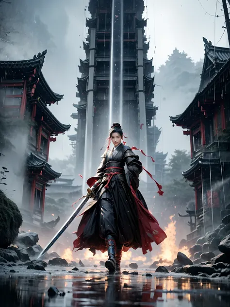 (((1 girll，独奏，Hanfu，shift dresses，Red ribbons，handheldweapons，The sword，looking at viewert, wounded in fight, In heavy rain, swordsman)))，Magnificent, In the background is a huge Buddha statue and pagoda, Celestial, Ethereal, painting of a, Epic, Majestic,...