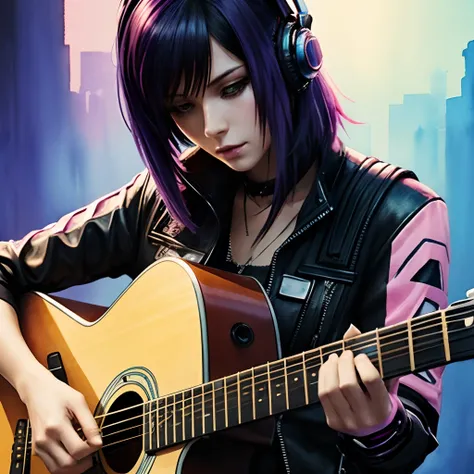 guitar,cyber punk,very watercolor,woman