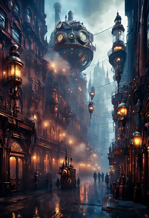 steampunk, a steampunk city street filled with lots of tall buildings, retrofuturism, foggy volumetric lighting, victorian sci - fi.