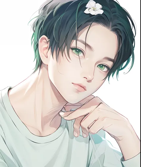 1boy, Rin, green eyes, dark green hair, realistic, hd, real