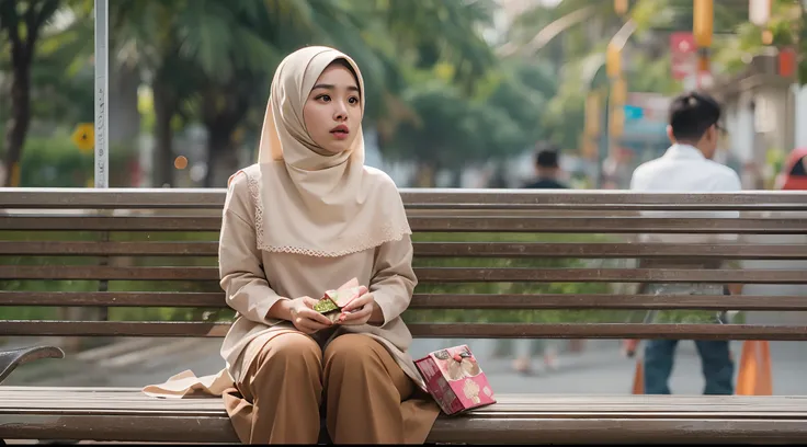 Create a cinematic film still inspired by Forrest Gump with a Malay girl in hijab sitting on a bench, holding a box of chocolates, waiting for someone. Use a medium telephoto lens to focus on her expression.