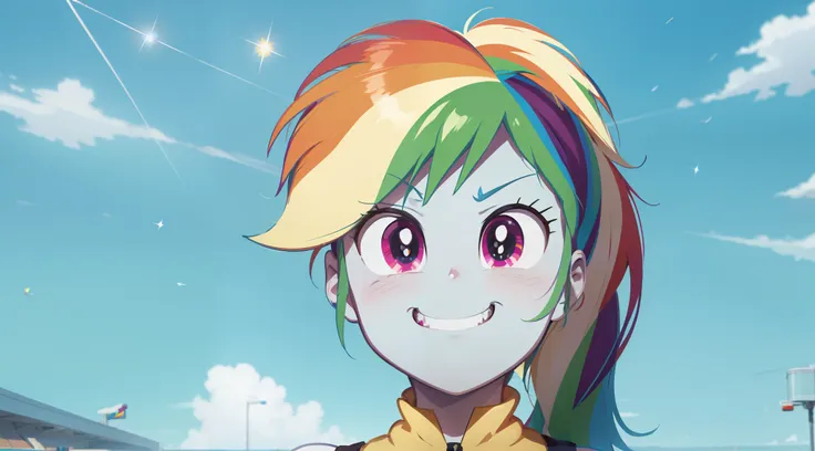 a close up of a cartoon pony with a rainbow on it, rainbow dash, giddy smirk, her hair is in a pony tail, auroracore, fim still,...