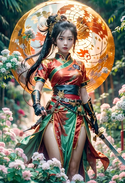 fantasy, landscape photo of the forest, chinese martial arts style, the skin is wet and shiny, (a 25-year-old girl samurai wears...