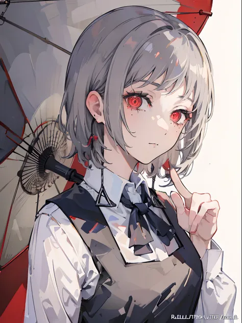 (masterpiece, top quality, best quality,official art, beautiful and aesthetic:1.2),(1girl:1.3), gray hair, red umberella, red ey...