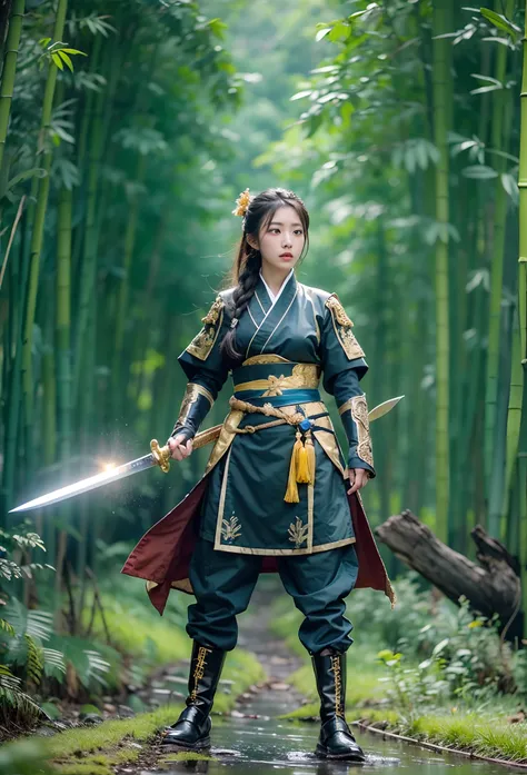 fantasy, landscape photo of the forest, chinese martial arts style, the skin is wet and shiny, (a 25-year-old girl samurai wears...