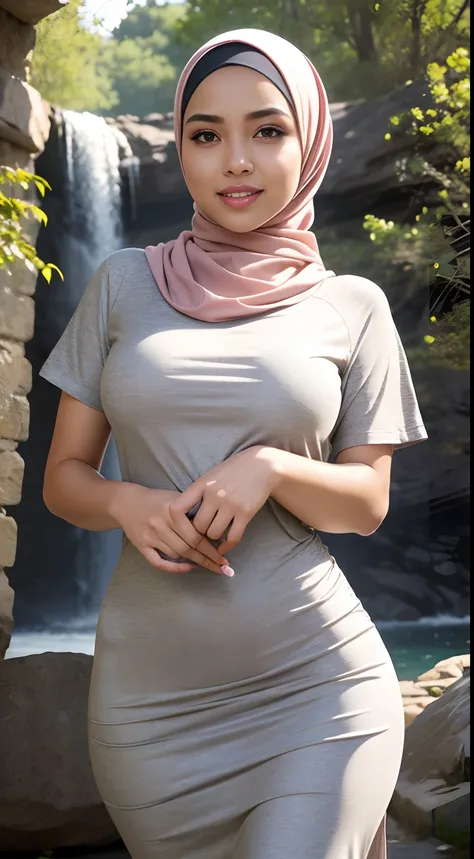 RAW, Best quality, high resolution, masterpiece: 1.3), beautiful Malay woman in hijab (iu:0.8),Best quality, high resolution, Masterpiece: 1.3, Beautiful  hijabi malay girl, Masterpiece, Soft smile, Realistic, 1girl, charming eyes, glowing eyes, cut top, d...