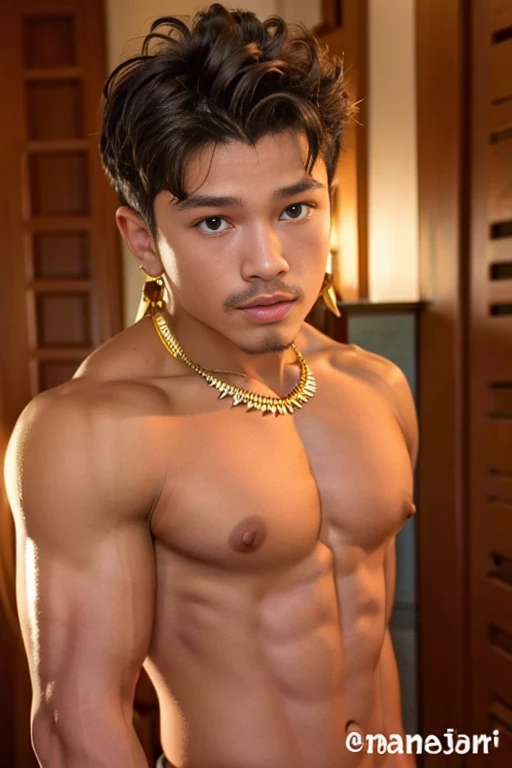 masuter piece、well built、jefri nichol a javanese Male、Age 15、Hot Guy、lite moustache, muscular、macho、wearing majapahit kingdom costume, gold head band, gold shoulder band, gold necklace, gold crown, hair bund,  long-haired、Fade Cut、bodybuilder, Large body、l...