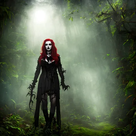 Goth vampire with red hair in jungle with mist and night