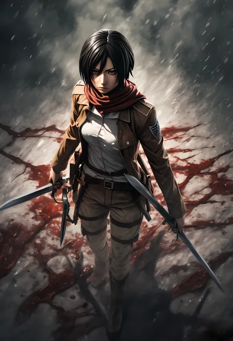 photography of mikasa, a brave fighter from "attack on titan," standing atop a decapitated titan's head. with her blades still d...