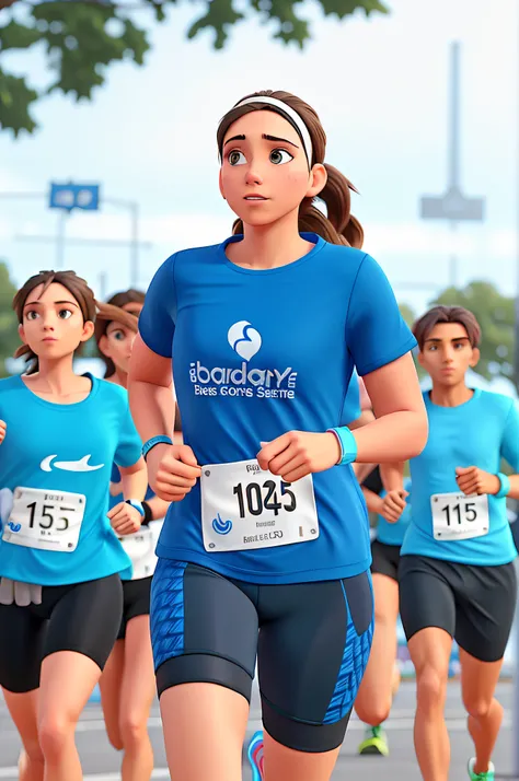 brunette woman running, in a blue t-shirt and black compression shorts, hair tied up, small headband, headphones, participating in a running event