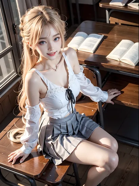 ((full body)), ((from above)), korean school uniform, white color blouse, cropped shoulders, pink pleated skirt, bright blonde h...