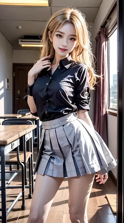 ((knee shot))), ((shooting from a frontal perspective)), korean school uniform, black shirt, white pleated skirt, bright blonde ...