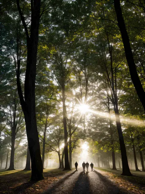 The sun shines through the trees in the park, and people take a walk, forest ray light, Sunlight beam, with a sunbeam coming through the trees, ethereal beams, Some light, rays of life, Sunlight shines through the trees, Divine light in the fog, beam of li...