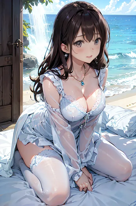 (High quality, High resolution, Fine details, Realistic), Long Wave Hair、dark brown hair、Earring、Modest necklace、white  shirt、flered skirt,wet costume、 rays of sunshine, Solo, Adult Woman, Sparkling eyes, Shy laughter,Kamimei、 blush, Large breasts,  Oily s...