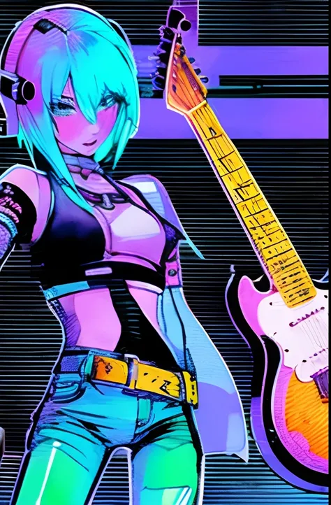 guitar,cyber punk,very watercolor,woman,Pixel art