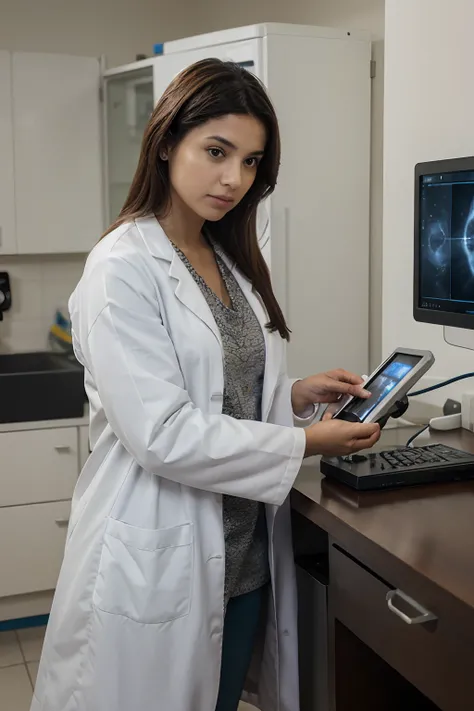 Doctor facing monitor looking at radiology images with lab coat. O ambiente mais escuro por conta do trabalho