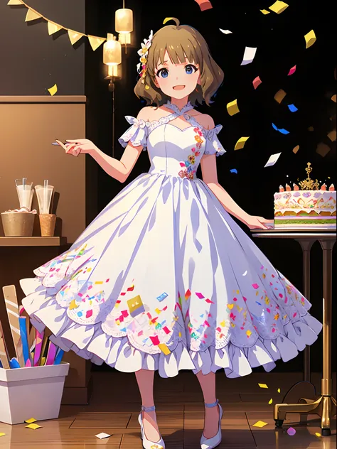 momoko suou (million live), best quality, masterpiece, high resolution, 8k, ultra-detailed, detailed face, smile, (((A line dress, white dress, floral dress, pumps))), (celebration, birth day party, a big cake, crackers, confetti,)