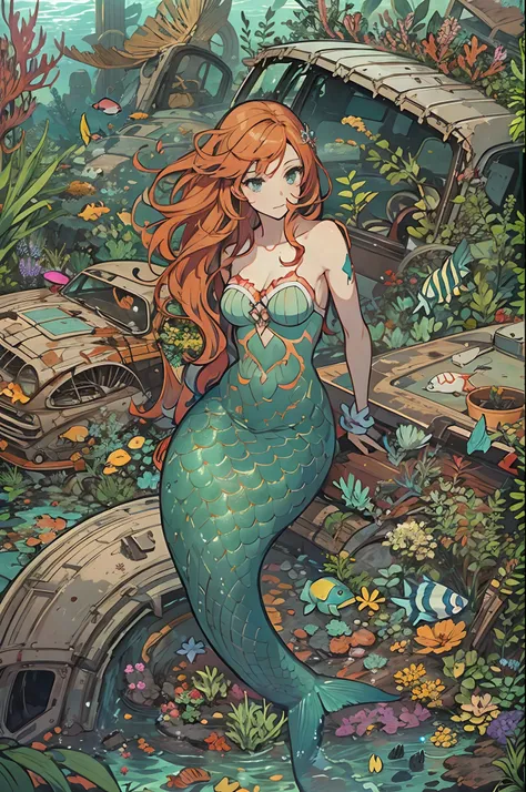 in an aquarium, a mermaid with terracotta hair in a path between chaos plants, destroyed cars like junkyard