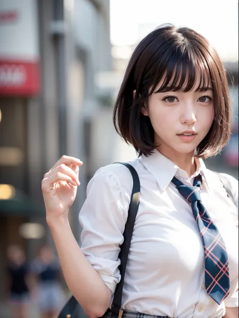 (best quality,4k,8k,highres,masterpiece:1.2),ultra-detailed,(realistic,photorealistic,photo-realistic:1.37),portrait,realistic portrait:1.1,Japanese high school girl walking on the street in a skirt and tie,Asian Arab girl,Japanese school uniform,Japanese ...