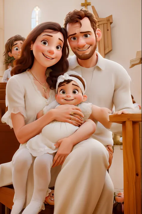 a family woman, man with a thin beard and female baby in a church dressed in white and smiling beautiful, angelic light, Disney pixar style elements movie, high quality