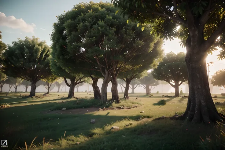 campo gramado com muitas arvores, day lighting, Lumion Pro rendering, cinematic quality