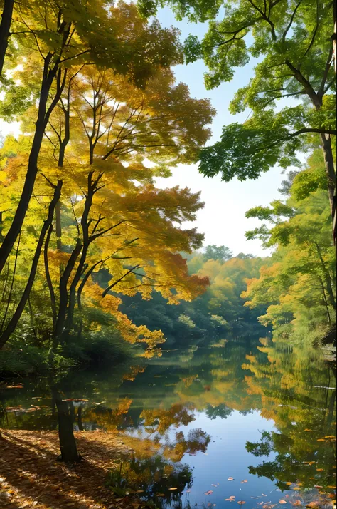 Autumn view capturing a tranquil pond in the forest。Green around the pond、golds、reddish、Trees with orange leaves々There is、A few trees have retained their summer greenery。The surface of the pond reflects the color of the surroundings,、The clear blue sky vis...