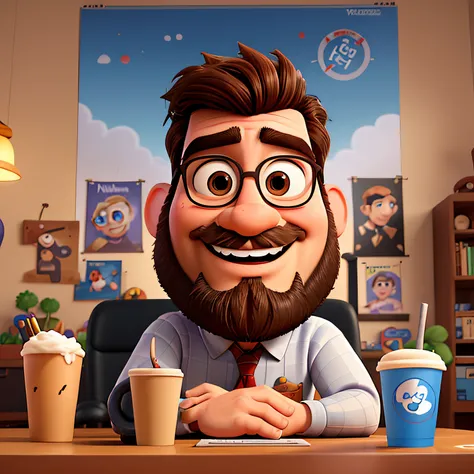 Create a Disney Pixar-inspired poster featuring the 37-year-old male character with a small beard and a computer on the table and a cup of coffee on the table