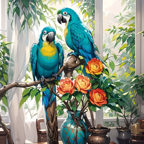 There are two parrots sitting on a branch next to a flower pot, Arte bonita UHD 4K, Papagaios, pintura digital altamente detalhada, Arte digital altamente detalhada em 4k, colored birds, pintura digital bonita, 8k arte detalhada de alta qualidade, pintura ...