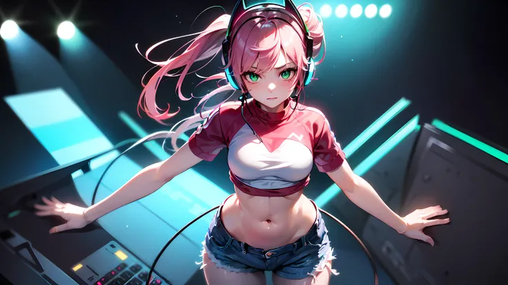 hd masterpiece, 1girl ((20year old, detailed face:1.2, detailed green eyes:1.5, multicolor pink hair, twin ponytails, perfect model body:1.3, medium breasts:1.1, wearing a tight crop top, exposed navel, tight blue jeans, sneakers, looking at viewer, cowboy...