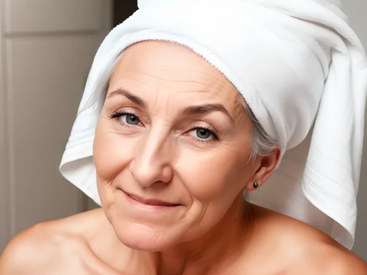 Older woman without blemishes on face with a towel on her head