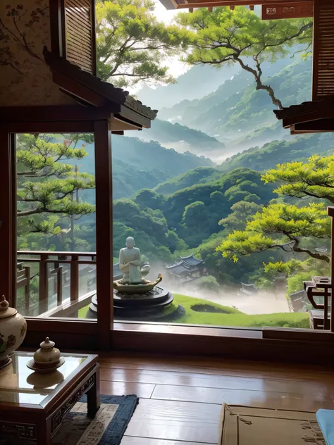 B & B on the cliff, (Chinese style), (spacious and bright) interior design, beautiful scenery outside the window, (nature), (morning mist), (sound of waves), full of (Zen), (Buddha statue), (flowers), (stone carvings), (wooden furniture), (classical screen...