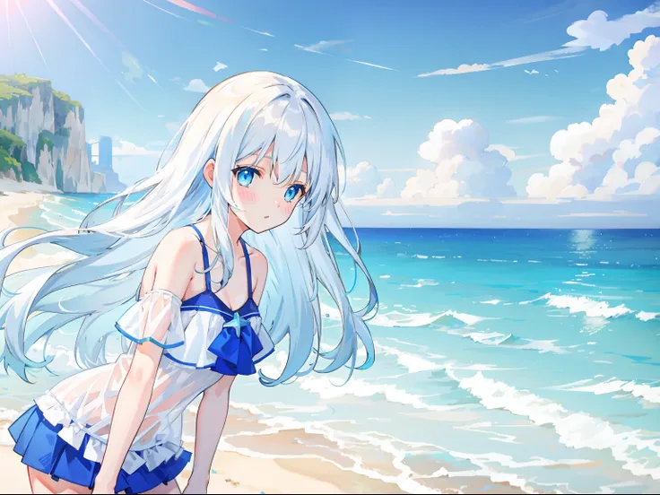 On the beach by the sea，1girll，White color hair，long whitr hair，blue color eyes，（Carefully portray the face），Height 166cm，high school senior，adolable，blue bikini，laying on a beach，，（Carefully depict the action），（Carefully portray clothes），（Carefully depict...