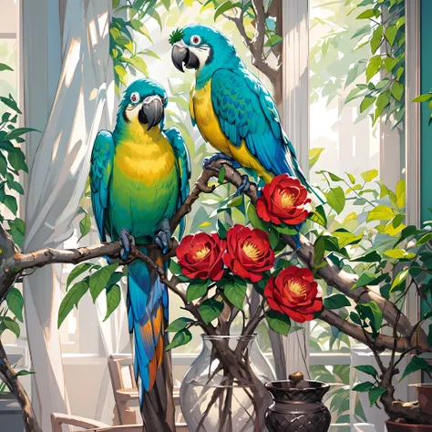 There are two parrots sitting on a branch next to a flower pot, Arte bonita UHD 4K, Papagaios, pintura digital altamente detalhada, Arte digital altamente detalhada em 4k, colored birds, pintura digital bonita, 8k arte detalhada de alta qualidade, pintura ...