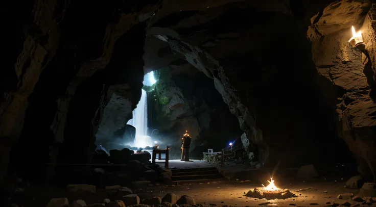 Outside from a cave in the mountains of Korea, There is a stone path inside the cave, and candles are lit on both sides of the path. Outside the cave is a magnificent waterfall and cliff, and there is a dragon climbing the cliff. Thick fog, Water on the fl...