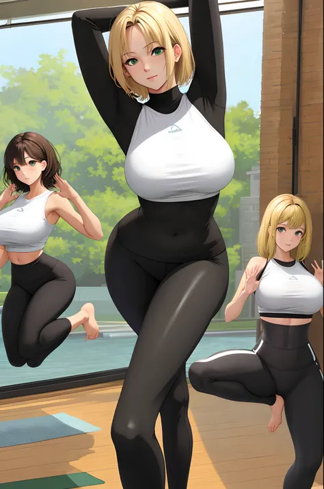 blonde hair brown eyes tight yoga pants yoga position wearing hips visible in the middle with big breasts removed standing on face of black hair green eyes tight clothes ground position with big breasts removed