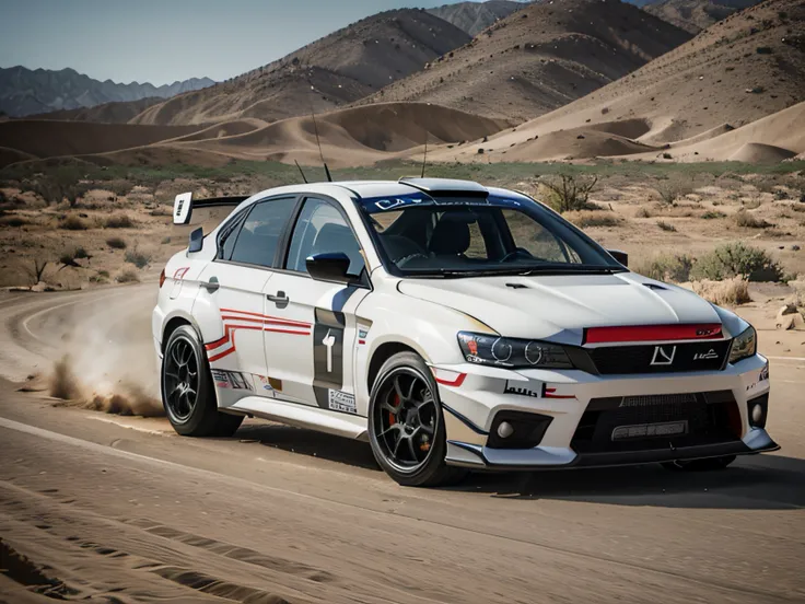 1 car, lancer evolution, rally car, fast car, desert, liveries, ultra sharp image, high definition, cinematic lighting, high resolution, high quality, 8k, neoprene, ultra sharp focus